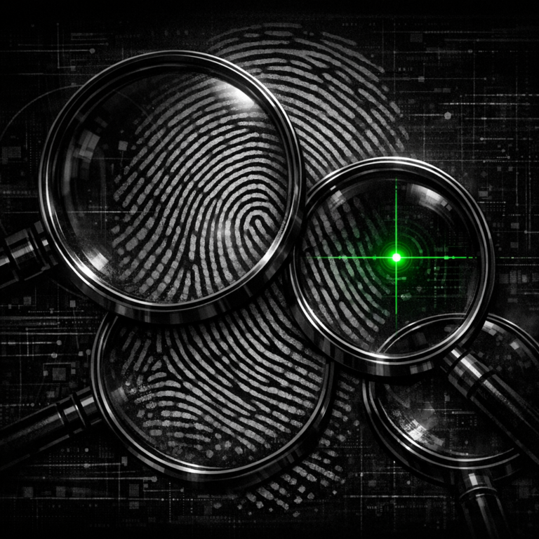 Intersecting magnifying glasses over a stylised fingerprint pattern, dark editorial illustration