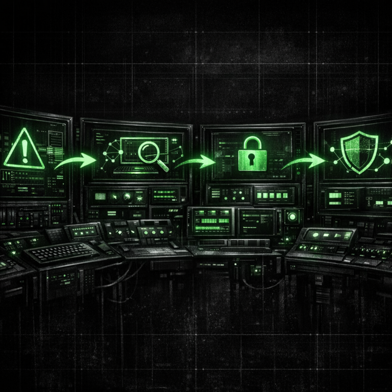 Abstract emergency control console with phase indicators glowing in green, dark editorial illustration