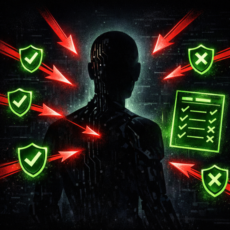 An AI agent being probed by red attack arrows with a green shield evaluating each attack