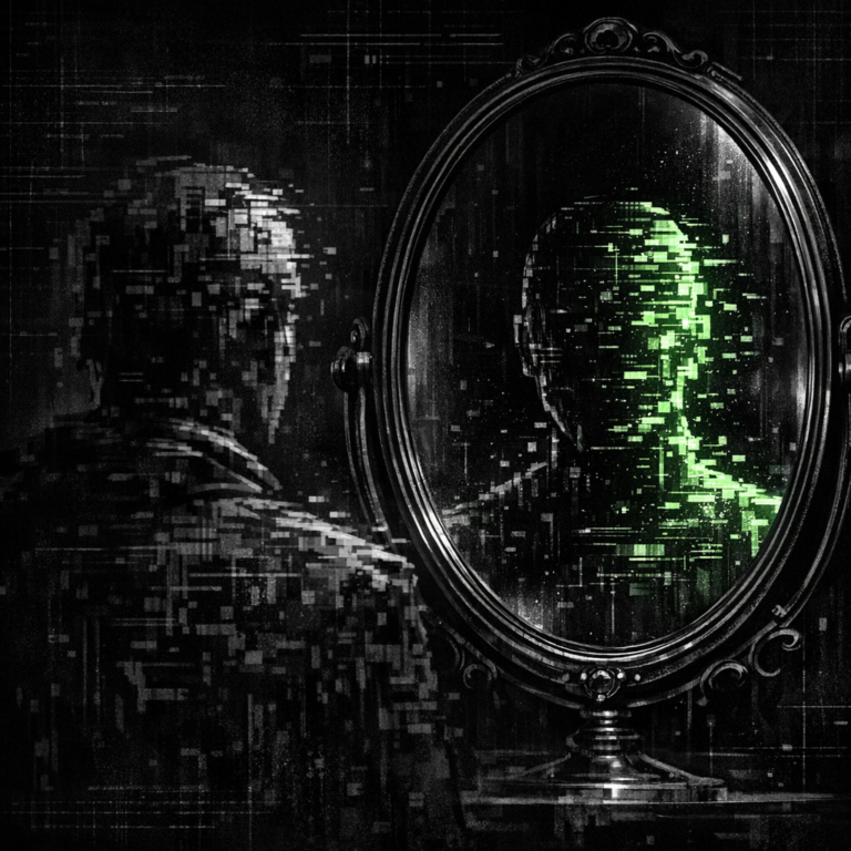 Mirror reflecting a fragmented digital silhouette of circuit segments, dark editorial illustration