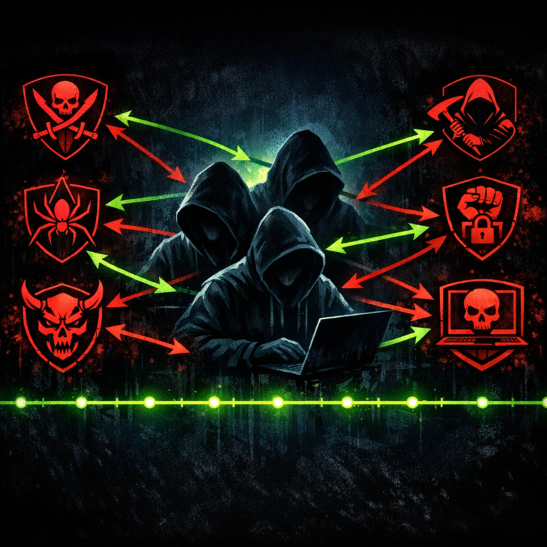Multiple ransomware brand emblems with arrows showing affiliates moving between them across a timeline