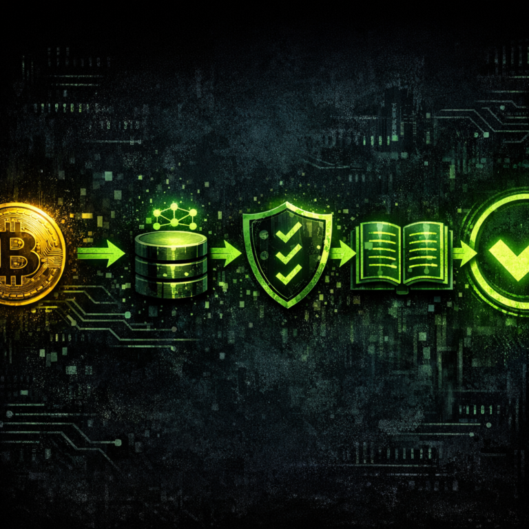 A Bitcoin transaction passing through verification checkpoints to a green checkmark