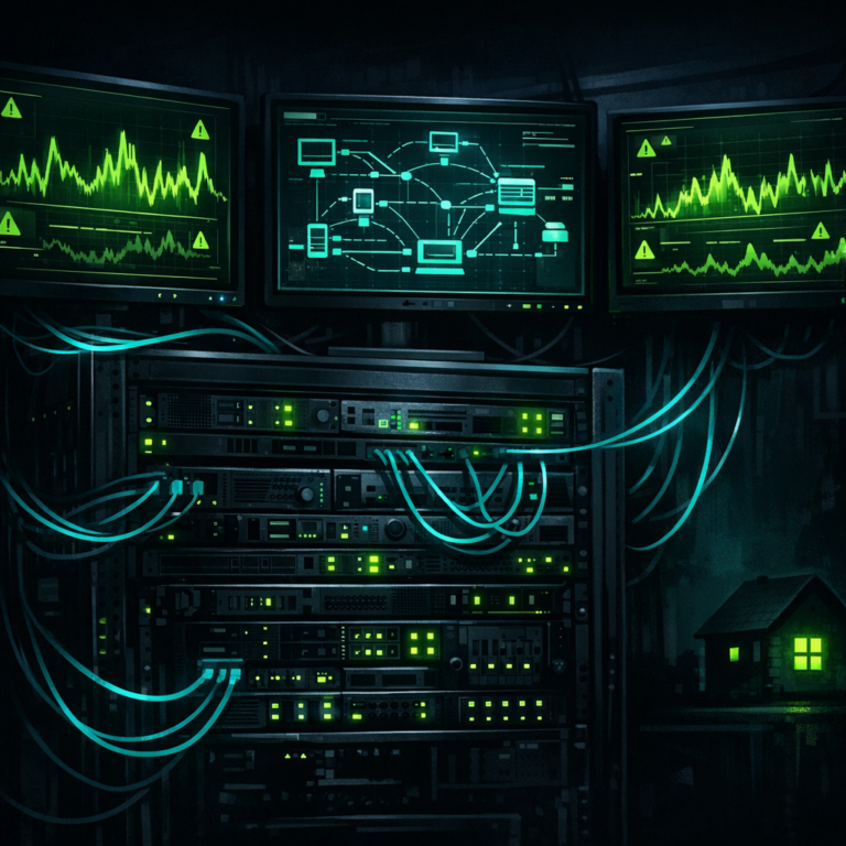 A home server rack with monitoring dashboards displaying alert graphs and network flow diagrams