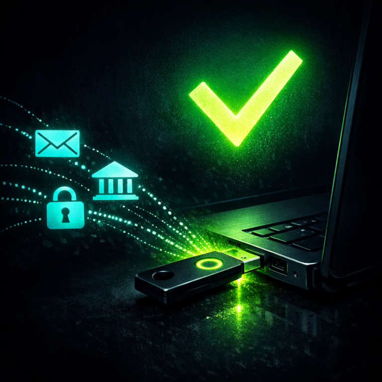 A hardware security key being inserted into a laptop with account icons flowing toward it