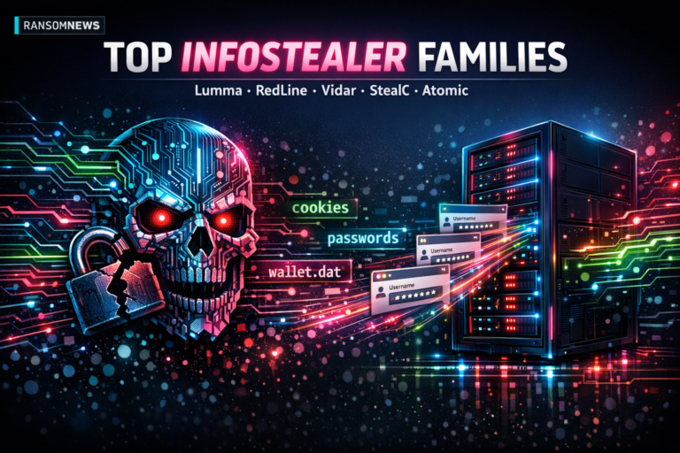 Neon circuit-board illustration of a digital skull and data server siphoning passwords, cookies, and wallets, representing the top infostealer families of 2026