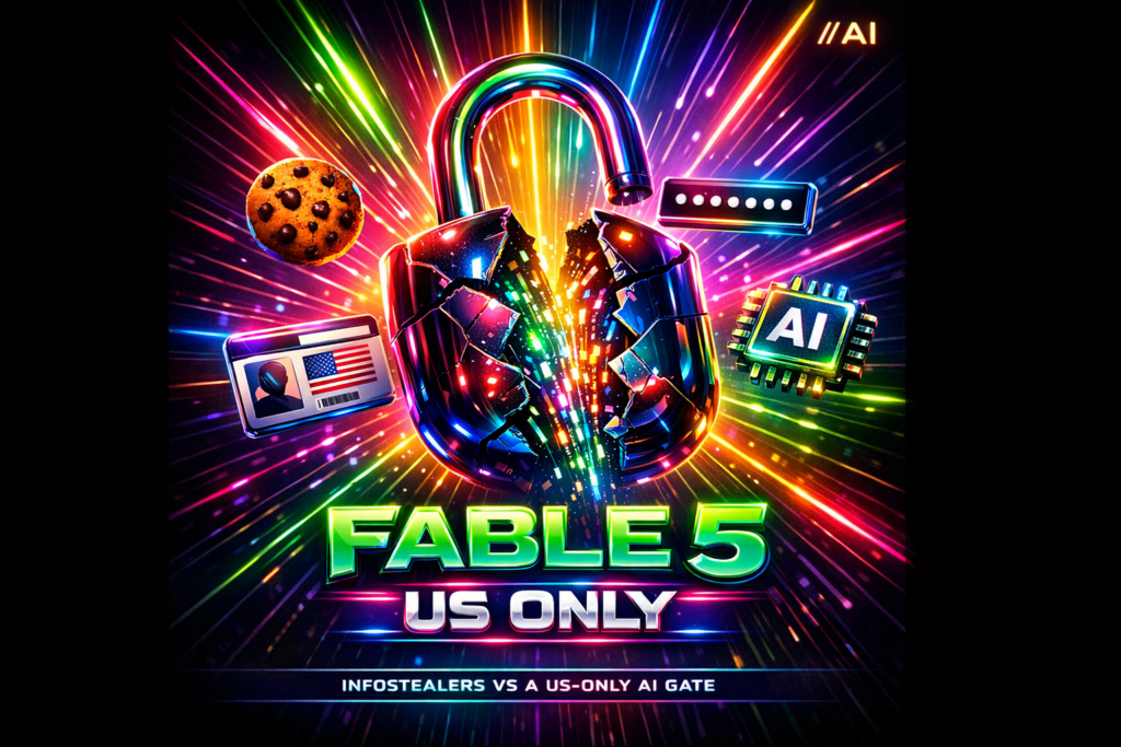 Vibrant neon poster: a cracked glowing padlock leaking data with floating cookie, password and US ID icons, title Fable 5 US Only, infostealers vs a US-only AI gate