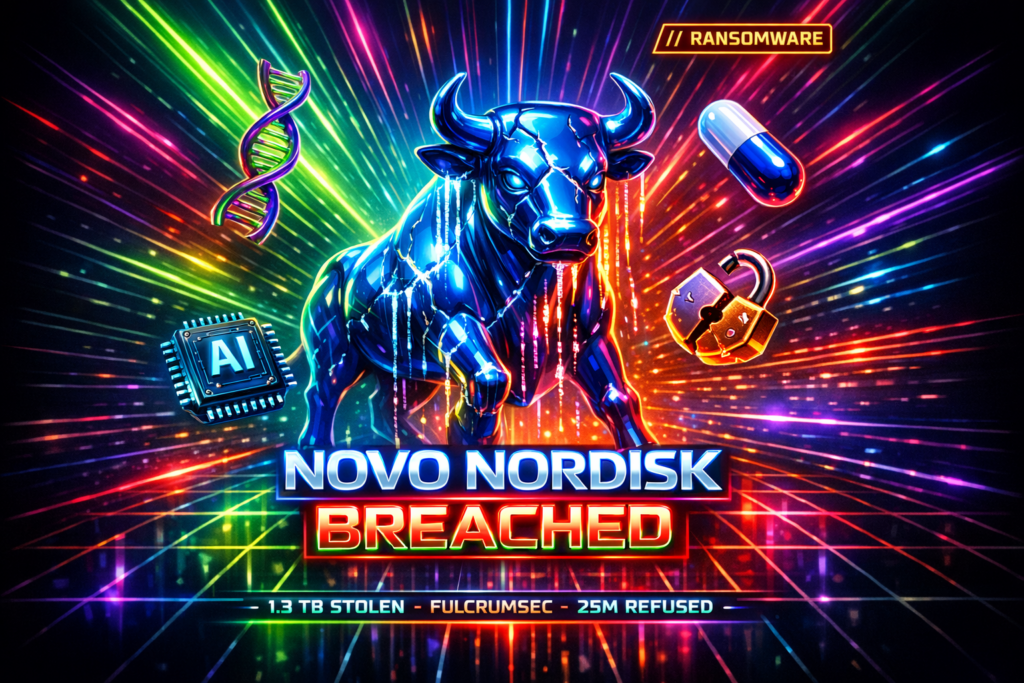Neon poster of the Novo Nordisk charging bull logo cracked and leaking data, title Novo Nordisk Breached, 1.3 TB stolen by FulcrumSec, 25M refused