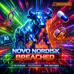 Neon poster of the Novo Nordisk charging bull logo cracked and leaking data, title Novo Nordisk Breached, 1.3 TB stolen by FulcrumSec, 25M refused