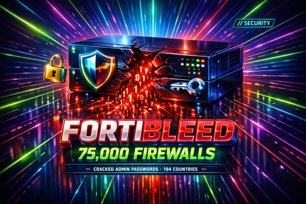FortiBleed: 75,000 cracked Fortinet firewalls, no zero-day needed Neon poster of a cracked bleeding network firewall leaking passwords, title FortiBleed 75,000 firewalls, cracked admin passwords across 194 countries