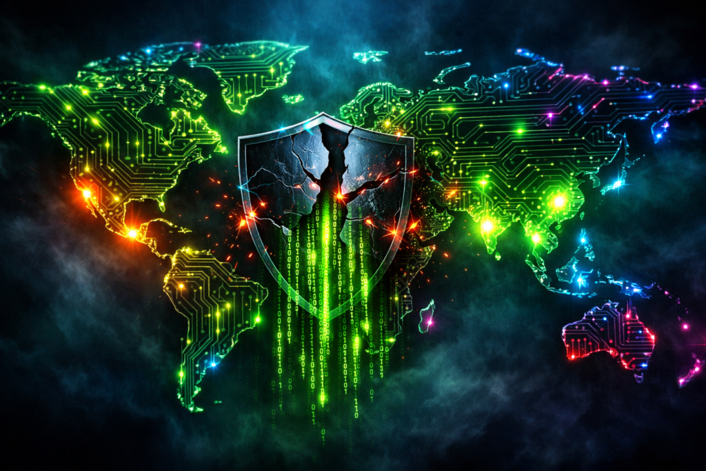 FortiBleed: exposed firewalls are a ransomware early warning Neon world map of exposed FortiGate firewalls with a cracked firewall shield leaking data