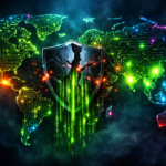 Neon world map of exposed FortiGate firewalls with a cracked firewall shield leaking data