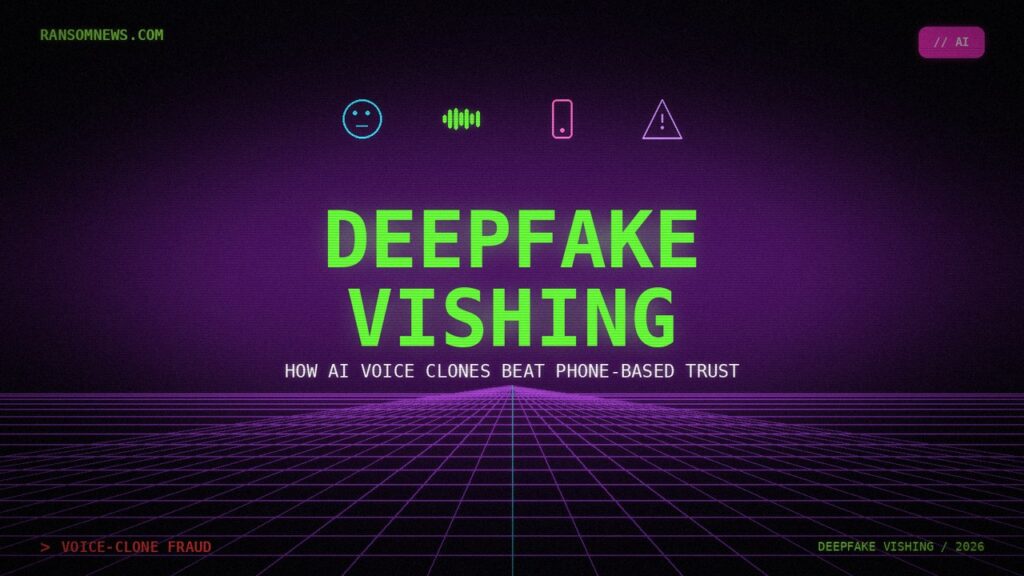 Deepfake vishing 2026 synthwave cover, AI voice-clone fraud, ransomnews.com