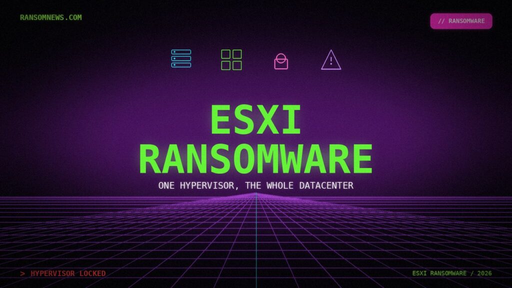 ESXi ransomware in 2026: one host, the whole datacenter ESXi ransomware synthwave cover, one hypervisor one datacenter, ransomnews.com