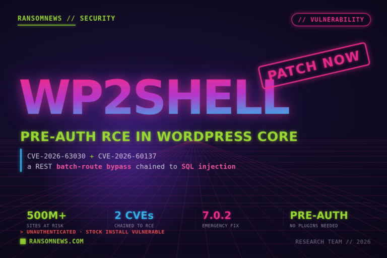 wp2shell pre-authentication RCE in WordPress core, CVE-2026-63030 chained with CVE-2026-60137, patched in WordPress 7.0.2, ransomnews.com