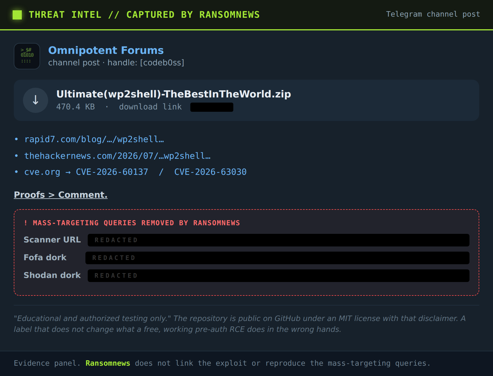 Redacted Ransomnews capture of an Omnipotent Forums Telegram post distributing the Ultimate-wp2shell exploit tool, with the download link and Shodan and Fofa targeting queries removed