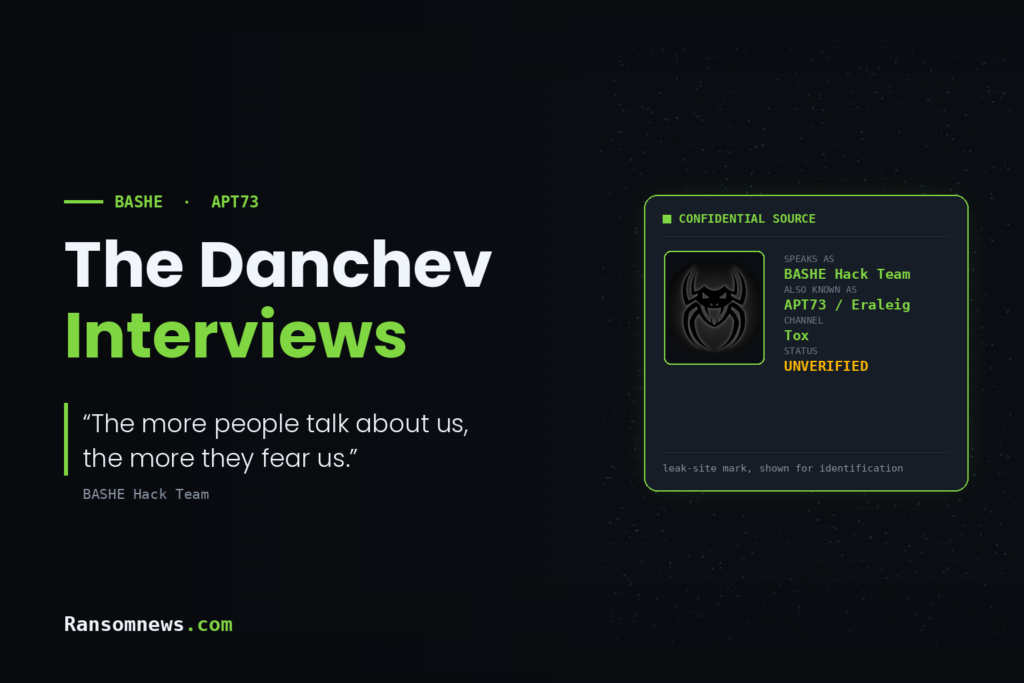 The Danchev Interviews cover for the Bashe interview, showing the group's spider mark in a confidential source card marked unverified