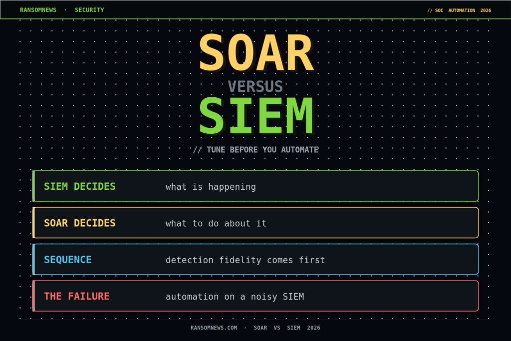 SOAR vs SIEM 2026: tune before you automate SOAR vs SIEM 2026: SIEM decides what is happening, SOAR decides what to do about it
