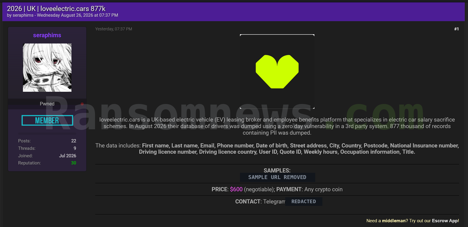Ransomnews evidence panel showing the forum listing offering 877,000 Love Electric driver records for $600, with the sample download location and seller contact handle redacted
