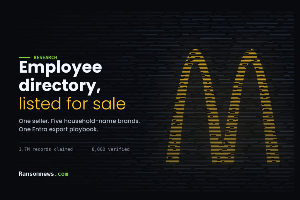 Golden arches rendered out of rows of directory records, over the headline Employee directory, listed for sale
