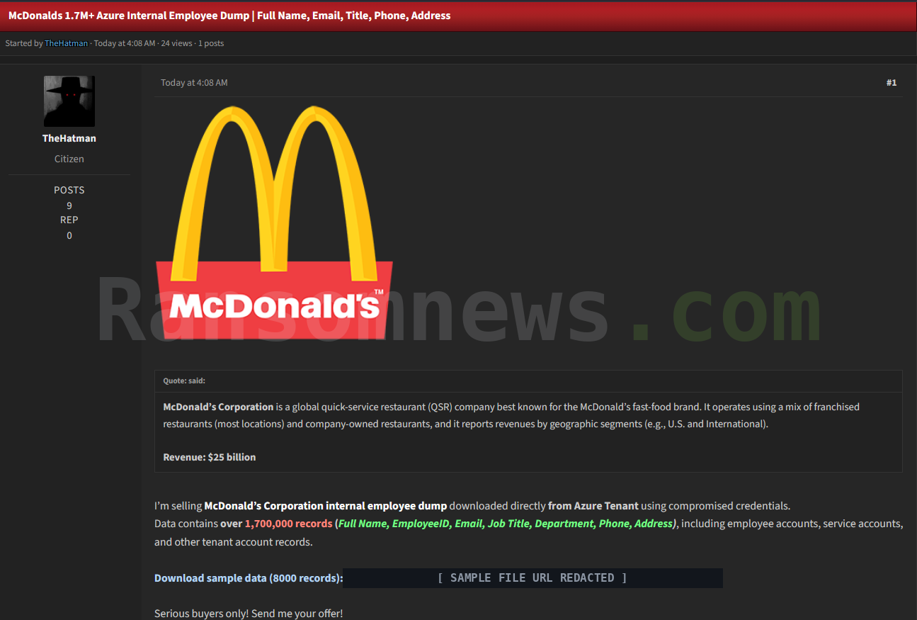Forum thread by TheHatman advertising 1.7 million McDonald's employee records allegedly taken from the company's Azure tenant, with the sample file URL redacted