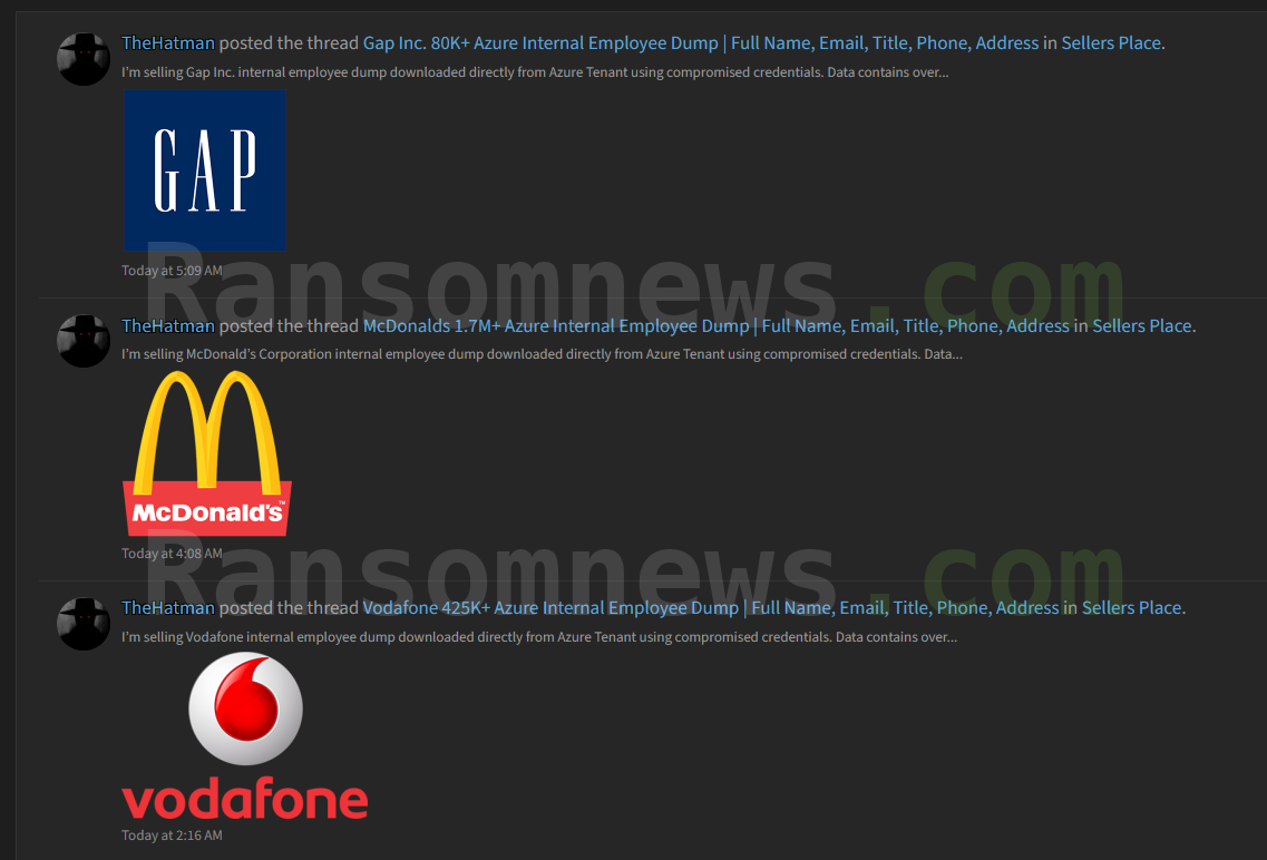Forum activity feed showing Gap, McDonald's and Vodafone employee directory listings posted by the same account within three hours