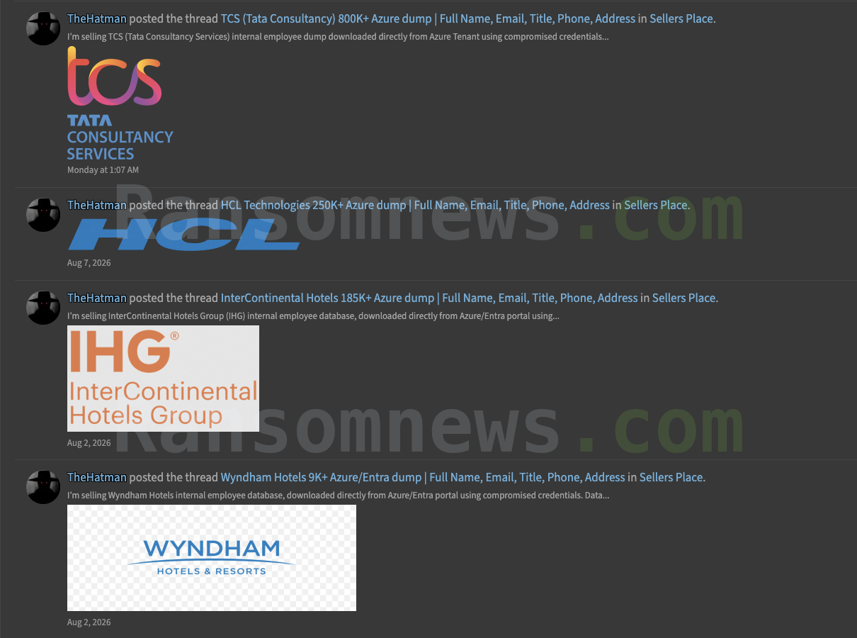 Forum thread history showing the same seller listing Tata Consultancy Services, HCL Technologies, InterContinental Hotels and Wyndham Hotels employee directories