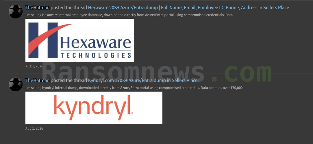 Forum thread history showing the same seller listing Hexaware Technologies and Kyndryl employee directories on 1 August 2026