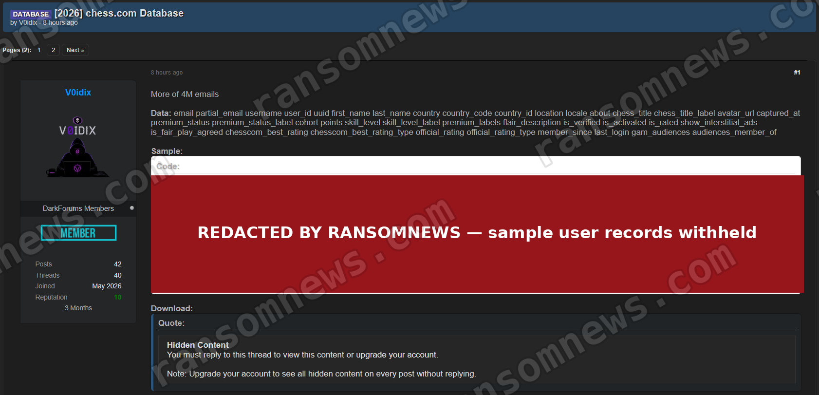 The identical chess.com database thread posted on a second leak forum behind a reply-to-unlock gate, sample rows redacted