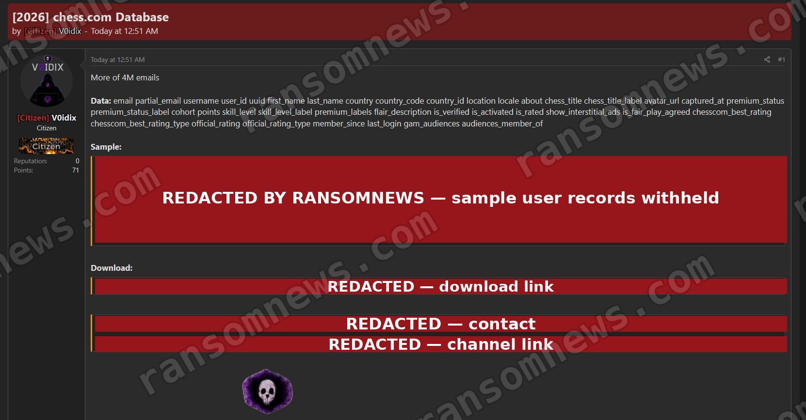Forum thread offering a 2026 chess.com database of 7 million records, with sample rows, download link and contact details redacted by Ransomnews