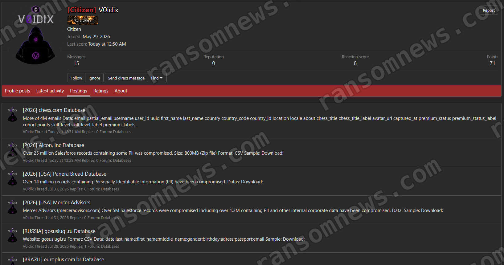 Thread list showing the account posting free database dumps including chess.com, Alcon, Panera Bread, Mercer Advisors and gosuslugi.ru