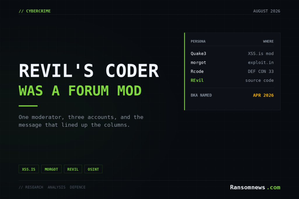 Ransomnews cover: the persona chain Quake3, morgot, Rcode leading to REvil source-code development, named by the BKA in April 2026