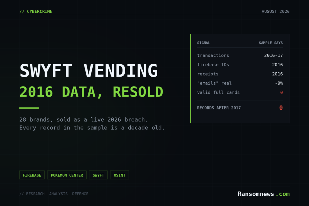 Pokémon Center vending ‘breach’ is old 2016 data Ransomnews cover: Swyft vending data marketed as a live 2026 breach, but every record in the sample dates from 2016