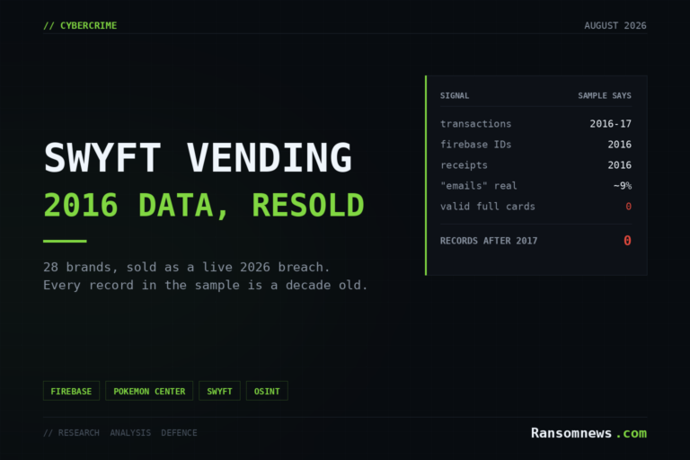 Ransomnews cover: Swyft vending data marketed as a live 2026 breach, but every record in the sample dates from 2016