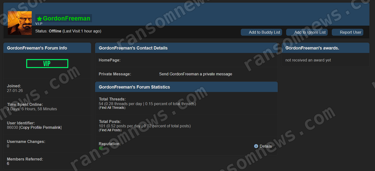 Forum profile of the VIP vendor GordonFreeman, joined January 2026 with around 100 posts and positive reputation