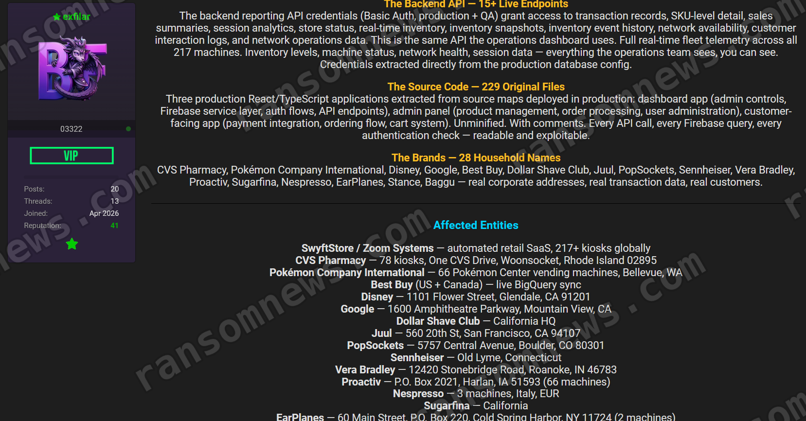 Seller's description of backend API credentials, source code and the 28 affected brands with corporate addresses