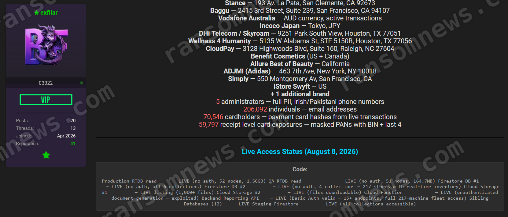 Seller's list of affected entities and a claimed live Firebase access status dated August 8 2026