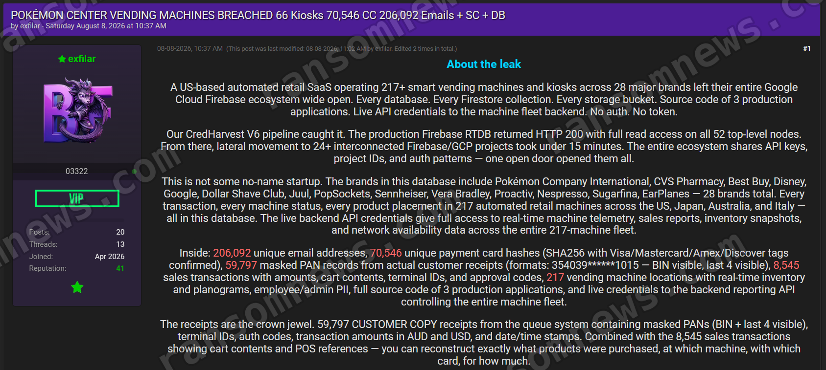 Forum thread advertising a claimed breach of an automated-retail vending SaaS across 28 brands including Pokemon Center
