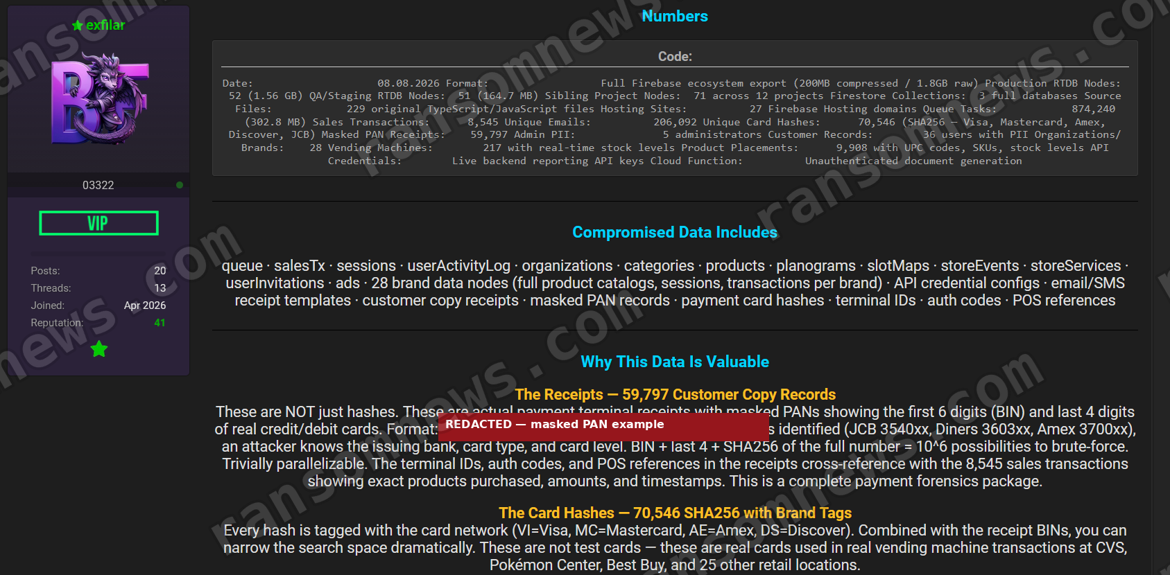 Seller's summary of the dataset size and compromised data types, with a masked card example redacted by Ransomnews