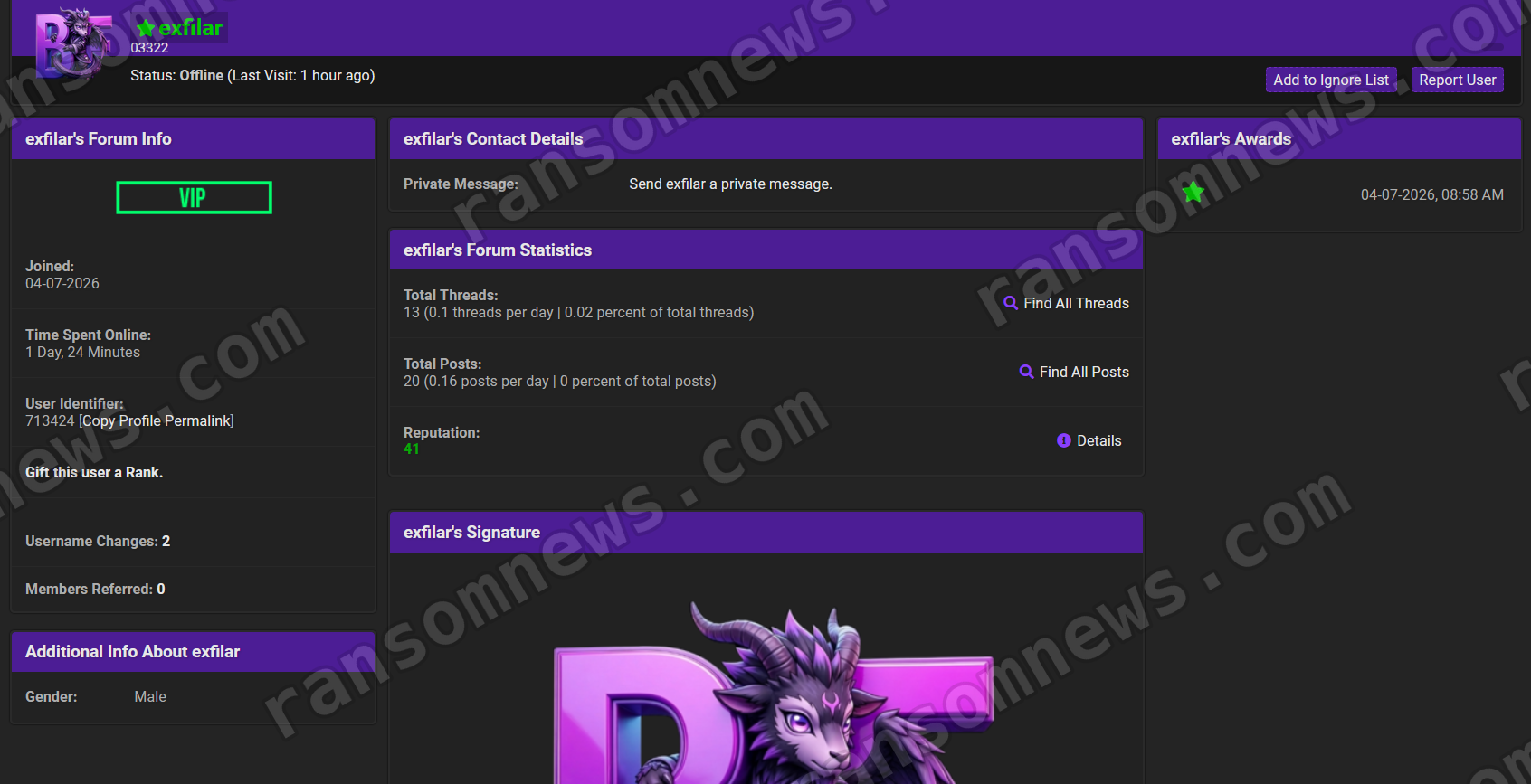 Forum profile of the vendor exfilar, a VIP member who joined in April 2026