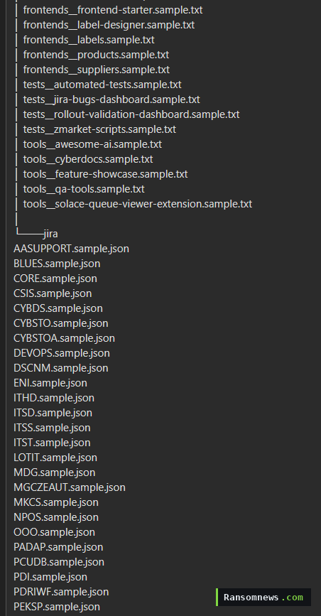 Listing of frontend and tools repository samples followed by Jira project JSON export filenames