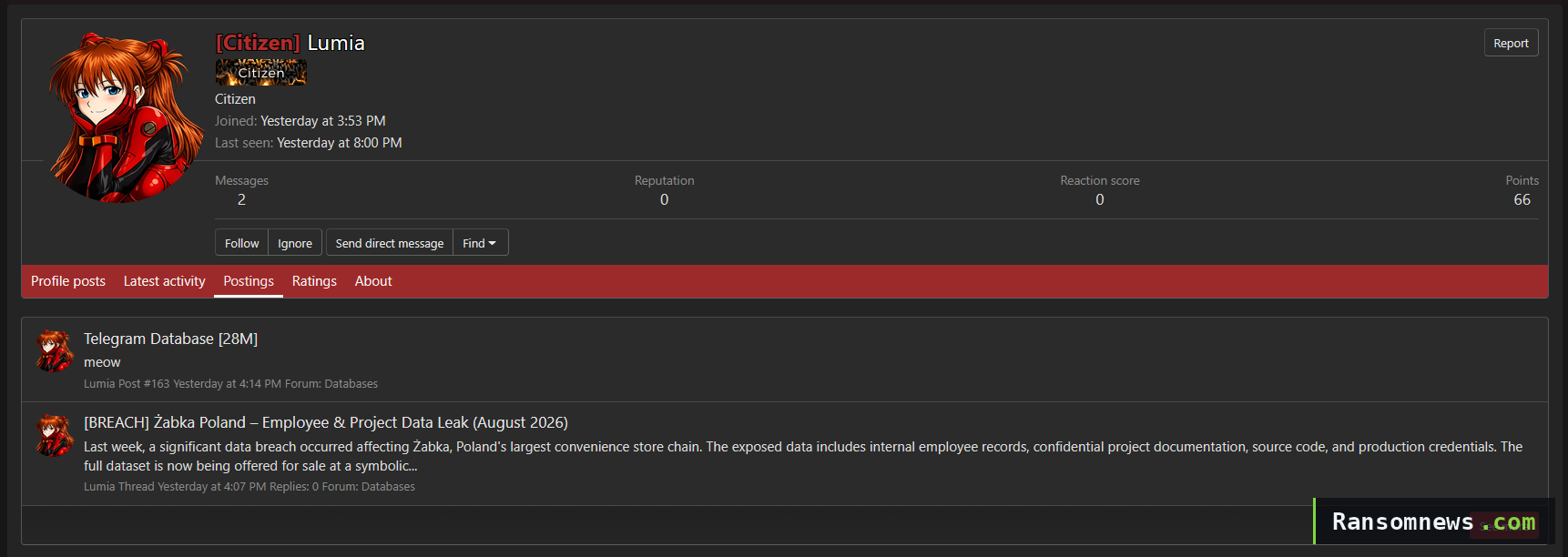 Forum profile of the account advertising the alleged Żabka dataset, showing two posts and an account created the same day