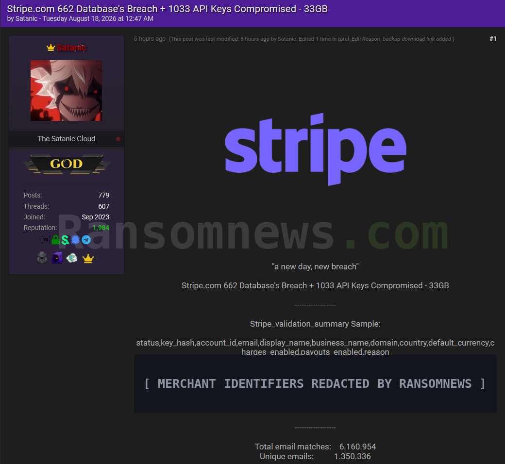 Forum thread by the account Satanic offering harvested Stripe merchant data, with merchant identifiers redacted by Ransomnews
