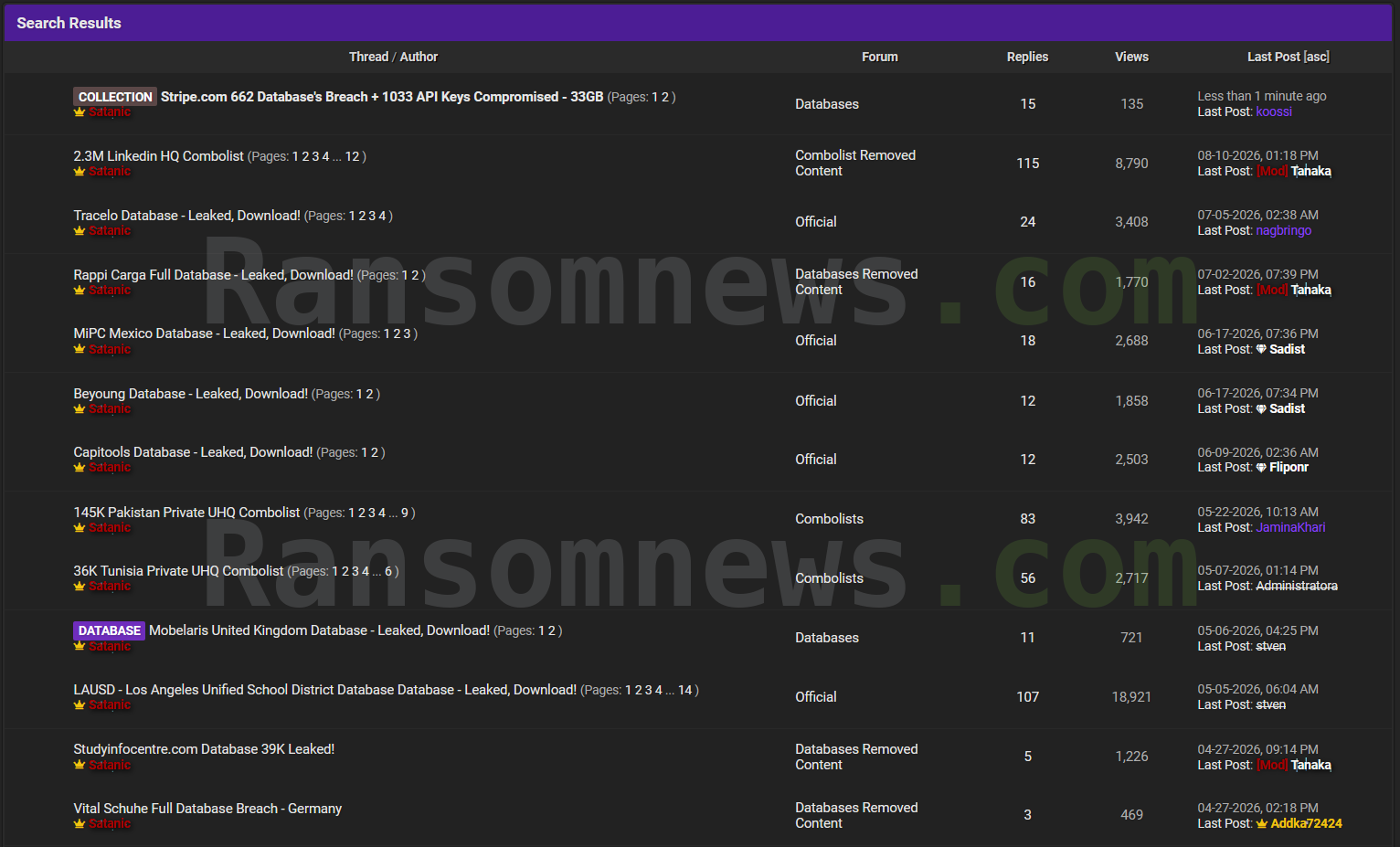 Forum search results showing the seller prior database and combolist threads alongside the Stripe listing