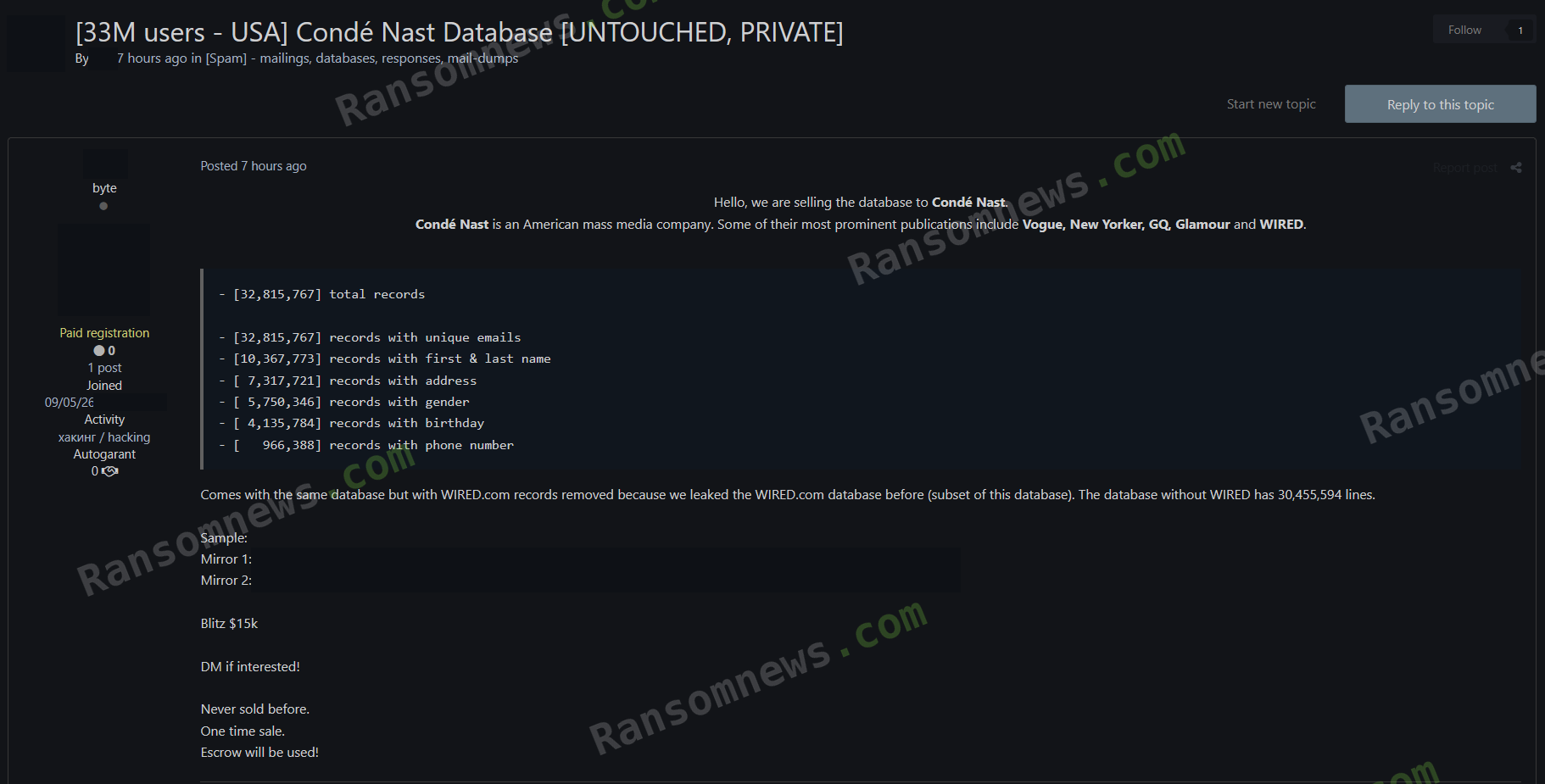 Listing on a Russian-language hacker forum titled 33M users USA Condé Nast Database, offering 32,815,767 records for a ,000 blitz price; seller details and sample download links removed