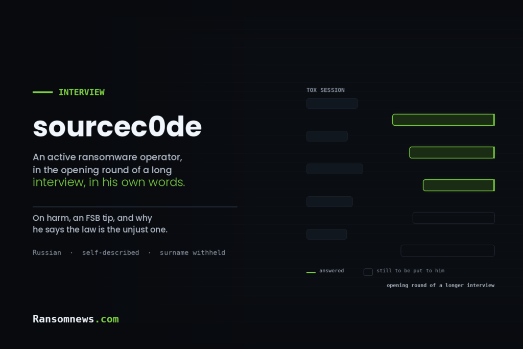 Interview card headed sourcec0de, an active ransomware operator in the opening round of a long interview, with a Tox chat motif showing answered exchanges in green and questions still to be put to him as dim outlines
