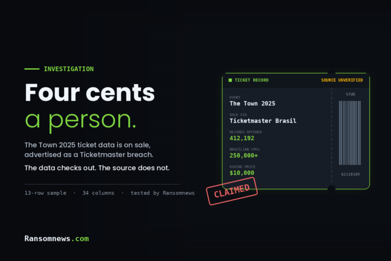 Ticket-stub graphic showing The Town 2025 sold via Ticketmaster Brasil, 412,192 records offered at $10,000, marked source unverified and stamped claimed