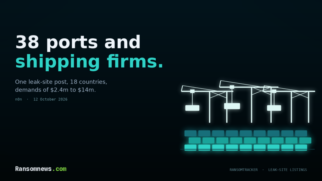 n0n lists 38 ports and shipping firms in a single post Cover: 38 ports and shipping firms, one leak-site post by n0n, with container cranes over a container yard
