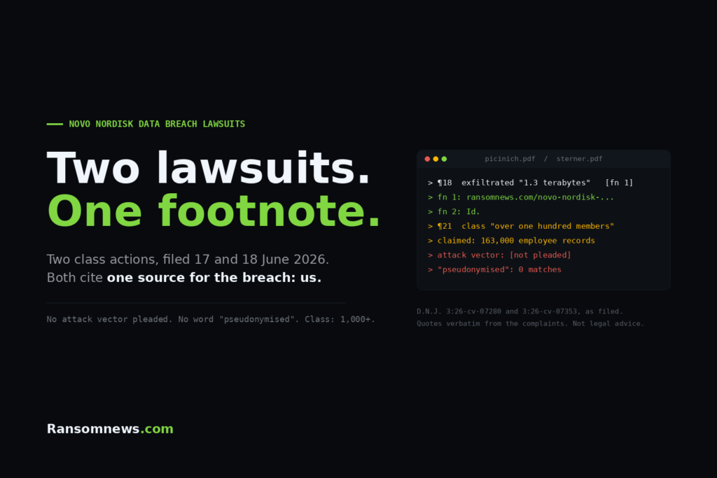 Novo Nordisk breach lawsuits: what the complaints get wrong Novo Nordisk data breach lawsuits cover: two lawsuits, one footnote. A terminal panel shows both complaints cite ransomnews.com for the 1.3 terabyte figure, plead a class of over one hundred members against a claimed 163,000 employee records, and leave the attack vector unpleaded. ransomnews.com