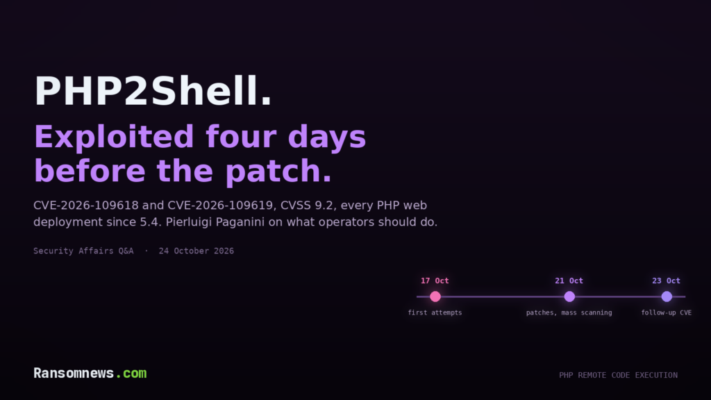 PHP2Shell: Pierluigi Paganini on the PHP flaws under attack PHP2Shell, CVE-2026-109618 and CVE-2026-109619: exploitation attempts from 17 October, patches on 21 October, follow-up CVE on 23 October 2026 (ransomnews.com)