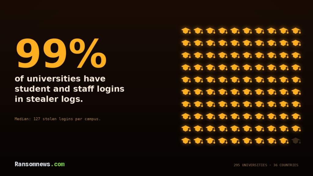 99% of universities have logins in stealer logs. Students are why Cover: 99% in large amber type beside a grid of one hundred mortarboards with one unlit, showing the share of universities with student and staff logins in stealer logs, October 2026